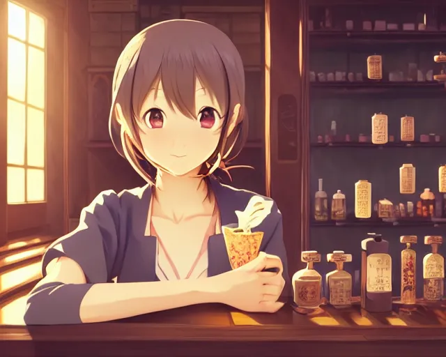 Image similar to anime visual, portrait of a young female traveler in a alchemist's potion shop interior, cute face by yoh yoshinari, katsura masakazu, cinematic luts, cold studio lighting, dynamic pose, dynamic perspective, strong silhouette, anime cels, ilya kuvshinov, cel shaded, crisp and sharp, rounded eyes, moody