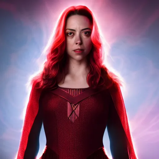 Image similar to aubrey plaza as the scarlet witch, hd 4k photo, cinematic lighting