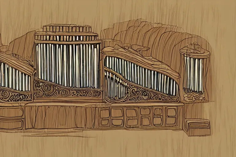 Image similar to A cell animation of a magical pipe organ made of wood, Miyazaki Hayao, ghibli style, illustration, anime, trending on artstaion