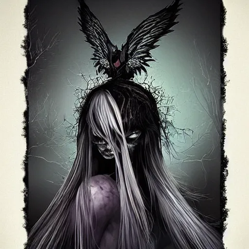 Prompt: ultrarealistic horrific, beautiful banshee with brightly shining wings and white hair imprisoned in a very dark nearly lightless, sombre, horrific forest