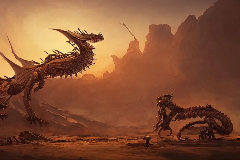 Image similar to a mechanical dragon flapping its wings in desert sunset, beautiful steampunk painting, greg rutkowski, james gurney, thrending on artstation.