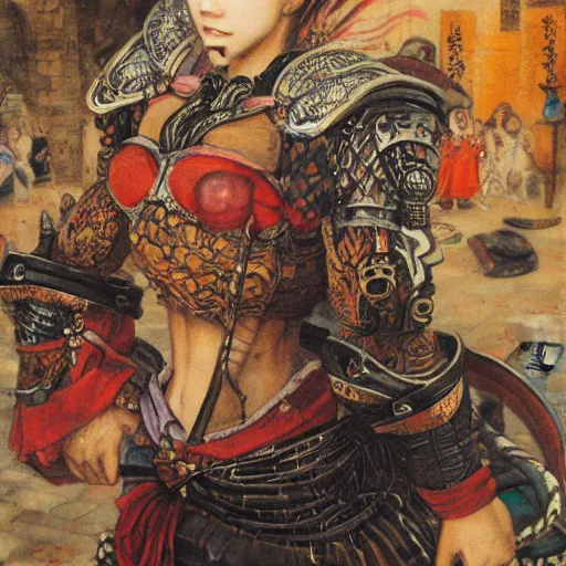 Prompt: 8k Yoshitaka Amano painting of upper body of a young cool looking slim tigress tiger beast-girl at a medieval market at windy day. Depth of field. She is wearing leather armor. Renaissance style lighting