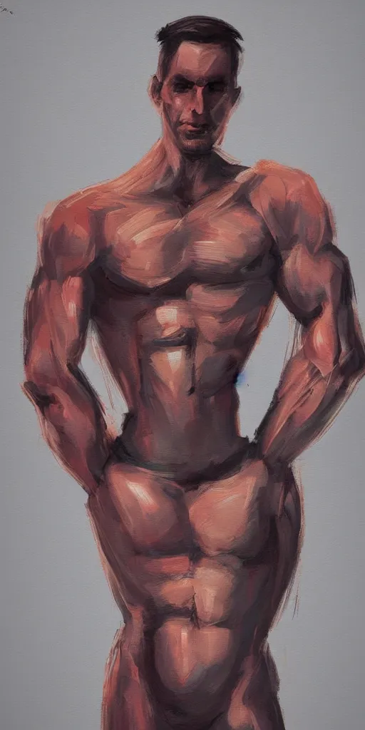 Image similar to closeup, very few thick long paint brush strokes, outline suggesting the physique of one!!! very thin athletic man posing dramatically, closeup, matte colors, dark background, abstract painting trending on artstation