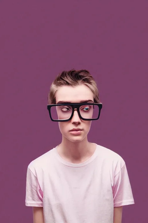 Prompt: a high definition film photograph of a normal androgynous robot human wearing a plain white t - shirt, in a pastel pink room. happy. kitsch glasses. crushed shadows.