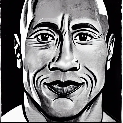 Image similar to a portrait of Dwayne Johnson, made by Andy Warhol, two tone, very high contrast, only black and white, simplistic, extremely high contrast, two tone, notan art, by Andy Warhol, minimalistic,