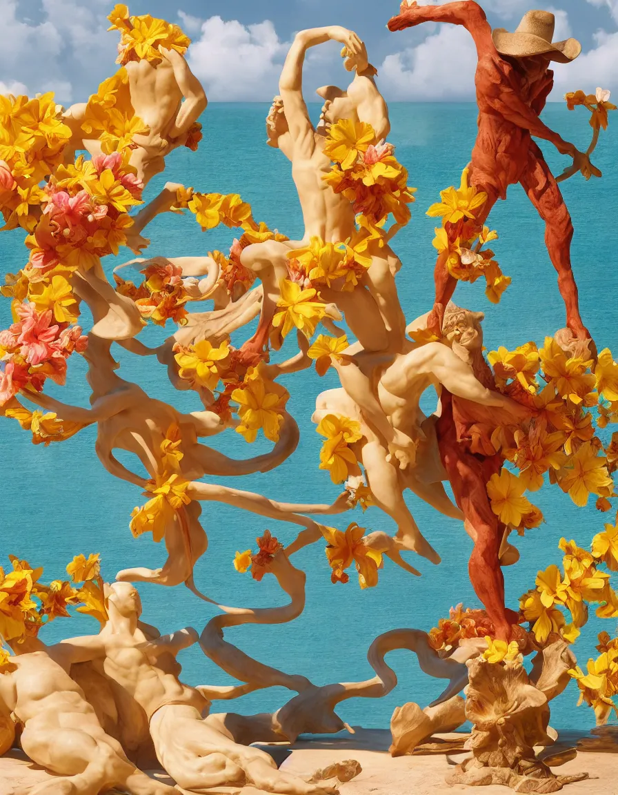 Image similar to a cowboy turning into blooms. tropical sea slugs. complementary colors. national geographic. 8 k, rendered in octane, smooth gradients. sculpture by antonio canova. a cowboy by slim aarons, by zhang kechun, by lynda benglis, by frank frazetta.