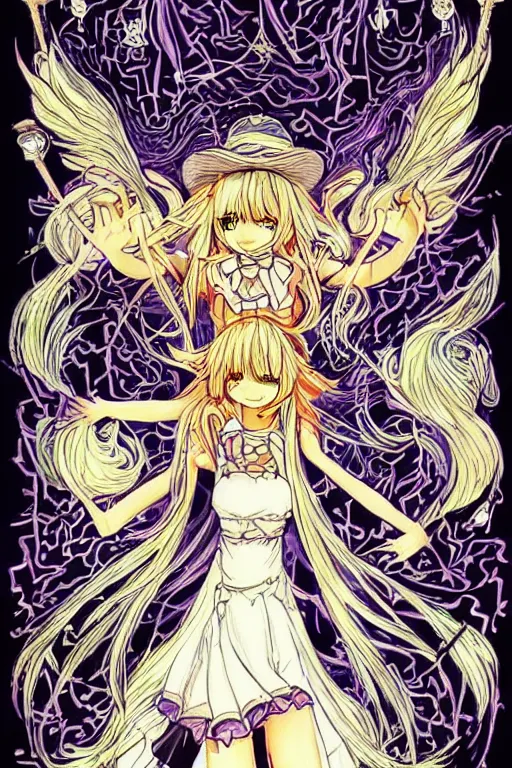 Prompt: marisa kirisame, touhou project, intricate, amazing line work, colorful, tarot cards, the devil tarot card