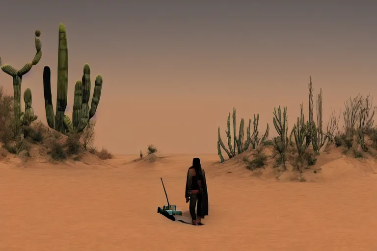 Prompt: a photo of a dystopian desert with loots of Cacti, sandy colours, sandy green, sandy, sandy beige, sobbing sad black silhouette of a person!, cantered, trending on DeviantArt, desolated, dark, 8k resolution, rendered in Zbrush