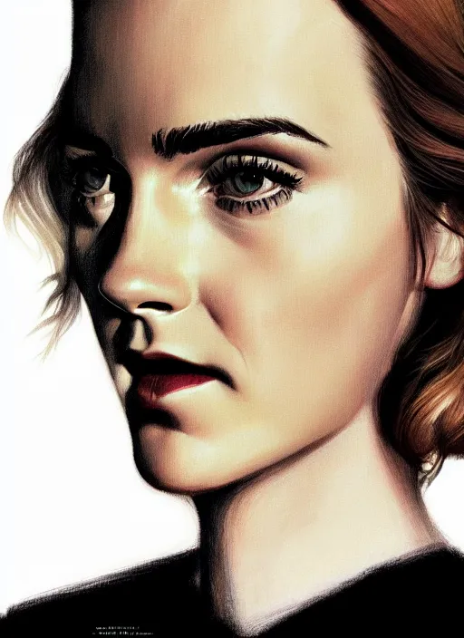 Prompt: twin peaks movie poster art, portrait of emma watson, from scene from twin peaks, clean, simple illustration, nostalgic, domestic, highly detailed, digital painting, artstation, concept art, smooth, sharp focus, illustration, artgerm, donato giancola, joseph christian leyendecker, wlop