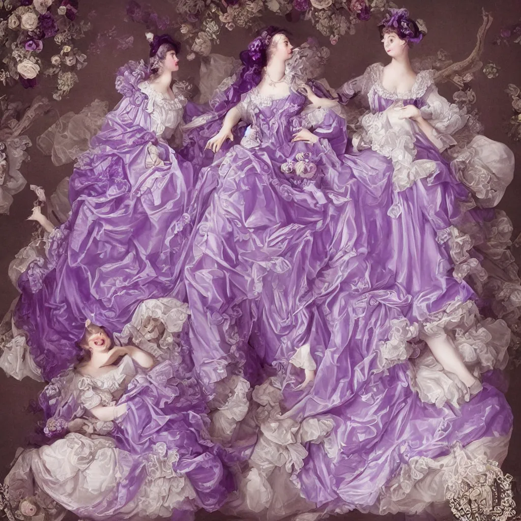 Image similar to purple dress in the style of rococo ，Victorian era，jellyfish element，dreamy, soft ,Backlight ,luminescence，highly detailed,8k