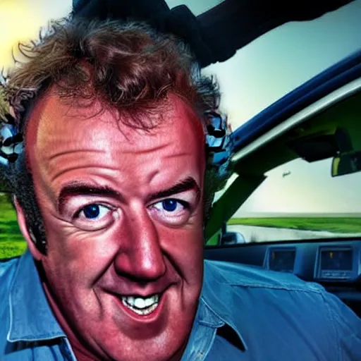 Image similar to A realistic digital photograph of Jeremy Clarkson from the television show Top Gear driving a Toyota Hilux pickup truck to the Moon