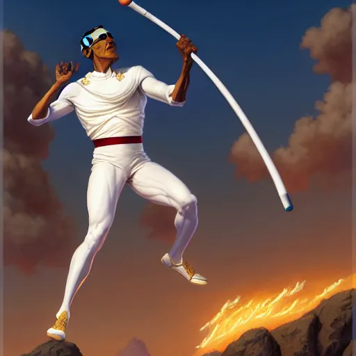 Image similar to barrack obama throwing a javelin in traditional olympic uniform, detailed, digital painting, artstation, concept art, donato giancola, joseph christian leyendecker, wlop, boris vallejo, breathtaking, high details, extremely detailed, establishing shot, artistic, hyper realistic, octane render