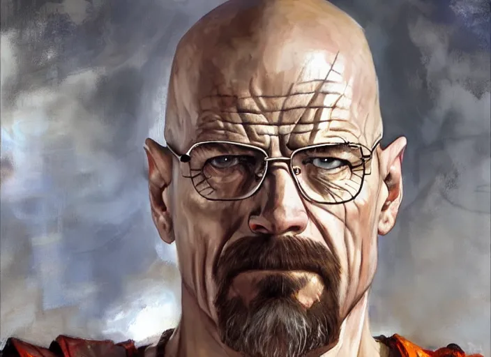 Prompt: a highly detailed beautiful portrait of walter white as kratos, by gregory manchess, james gurney, james jean