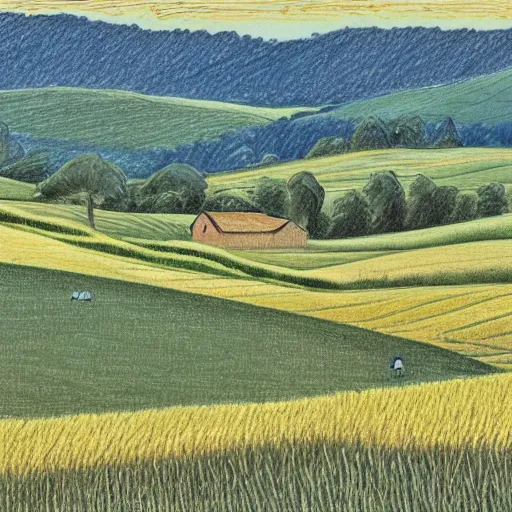 Image similar to This drawing captures the beauty of the countryside in all its simplicity. The rolling hills and fields are bathed in a warm, golden light, and the peaceful scene is punctuated by a few small houses and a winding road. The brushwork is loose and expressive, and the overall effect is one of serenity and calm. 1970s grainy vintage illustration, Mayan by Hiroshi Nagai, by Carlo Crivelli playful, improvisational