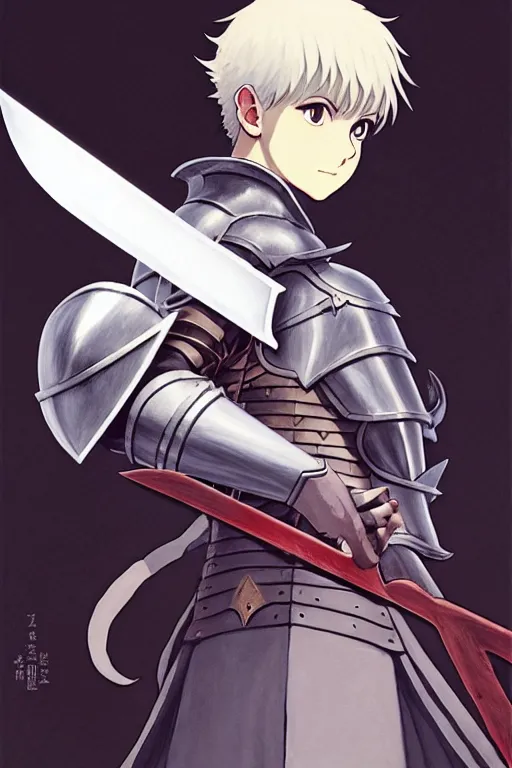 Image similar to a full body of the knight with a cat on his head holding berserk's great sword, finely detailed features, closeup at the faces, perfect art, gapmoe yandere grimdark, trending on pixiv fanbox, painted by miura kentaro greg rutkowski makoto shinkai takashi takeuchi studio ghibli, akihiko yoshida