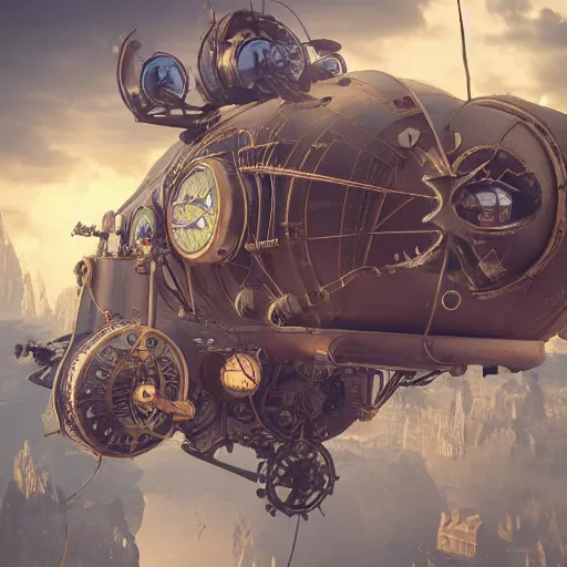 Prompt: a flying steampunk fortress, extremely detailed, behrens style, storm, unreal 5 render, fantasy digital art, octane render, beautiful composition, trending on artstation, award - winning photograph, masterpiece