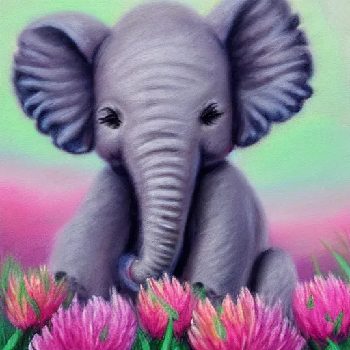 Prompt: cute fuzzy baby elephant with subtle pastel pattern on body in field of pastel flowers detailed painting 4k