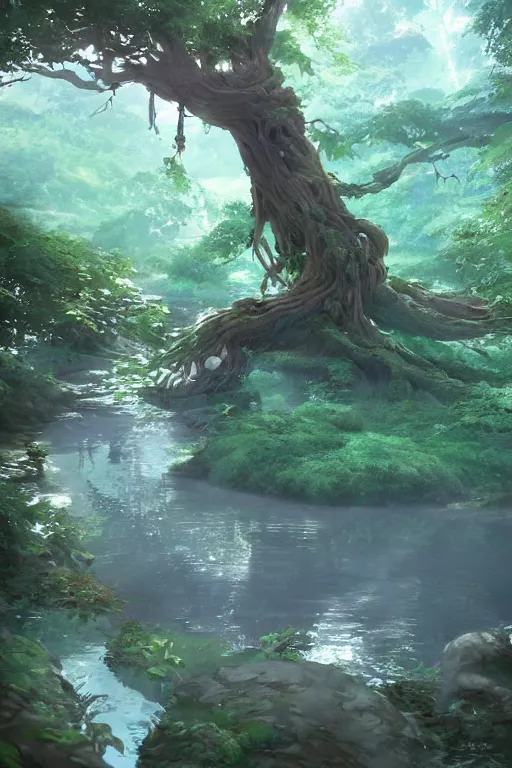 Prompt: ethereal river flowing through a giant ancient tree, serene evening atmosphere, pixie dust in the air, soft lens, soft light, cel - shading, animation, in the style of cgsociety, deviantart, artstation, zbrush, cinema 4 d, studio ghibli, akihiko yoshida, atelier lulua, masamune shirow