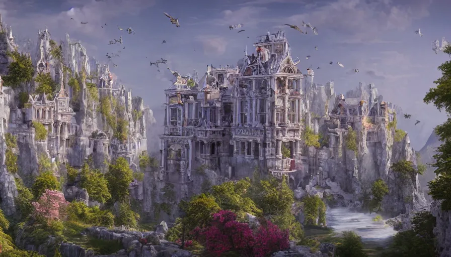 Image similar to marble manor with columns built in flowery mountains with birds in the sky, giant castle in the mountain in the background, hyperdetailed, artstation, cgsociety, 8 k