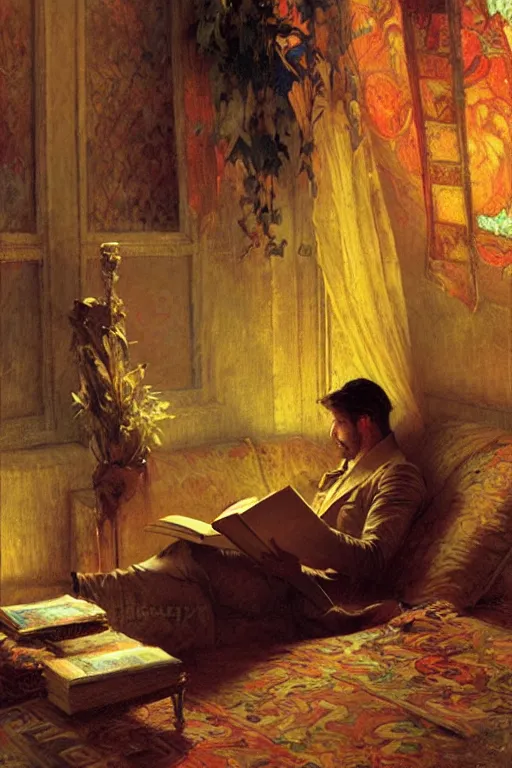 Prompt: attractive man reading books at night, painting by gaston bussiere, craig mullins, greg rutkowski, alphonse mucha