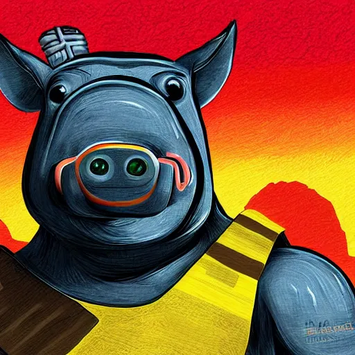 Prompt: hambo pig version of rambo, colourful digital painting drawn by RossDraws - W 1024
