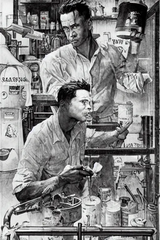 Image similar to Tyler Durden making soap painted by Norman Rockwell