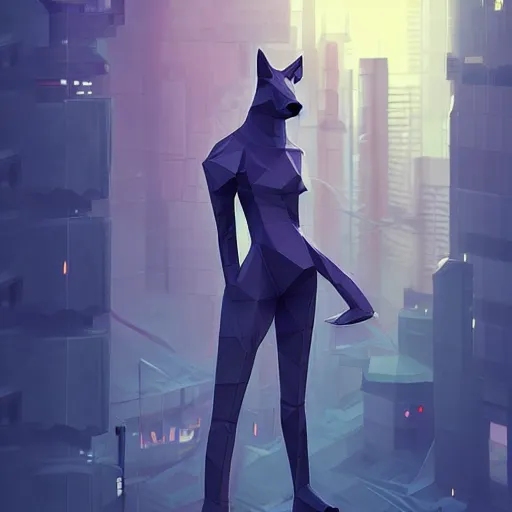 Image similar to Playstation 1 PS1 low poly foggy graphics portrait of furry anthro anthropomorphic wolf animal person fursona wearing clothes in a futuristic cyberpunk foggy city alleway. Artstation, CGSociety
