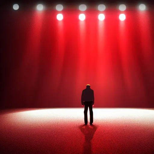 Image similar to a lone singer on stage, with spotlight beam, huge crowd in audience, facing stage, zoom lens, ultra realistic, artstation, red curtains, dramatic lighting, album