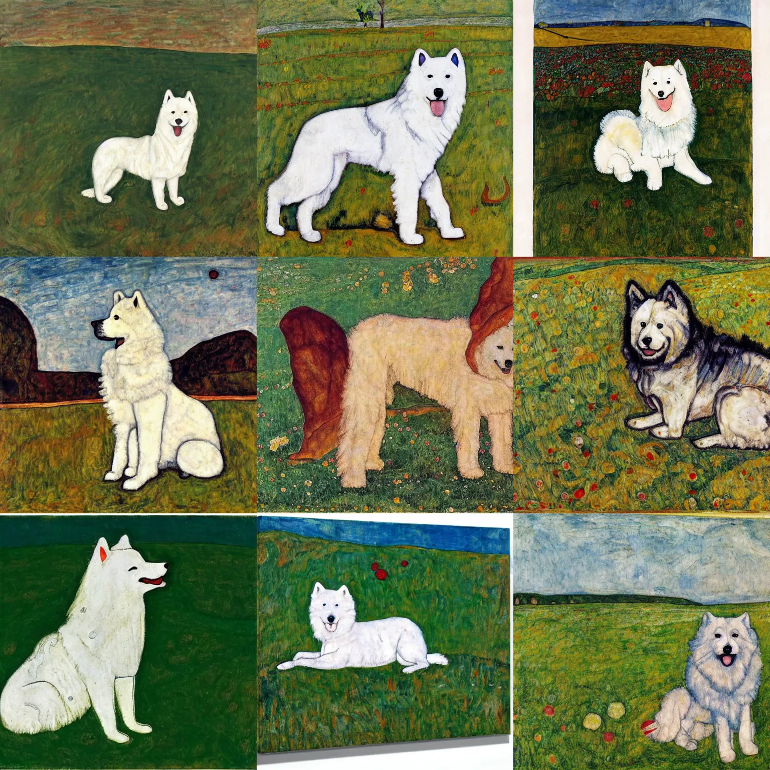 Prompt: a samoyed dog sitting in the middle of sunny meadow, by egon schiele