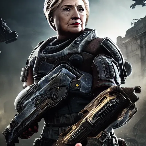 Image similar to hillary clinton in gears of war, splash art, movie still, cinematic lighting, dramatic, octane render, long lens, shallow depth of field, bokeh, anamorphic lens flare, 8 k, hyper detailed, 3 5 mm film grain