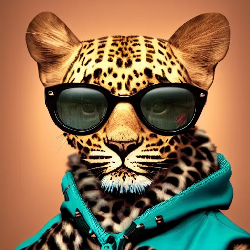 Prompt: a photorealistic oil on canvas of a leopard wearing black sunglasses, a teal green hoodie and headphones wrap his neck. hyper detailed. this 4 k hd image is trending on artstation, featured on behance, well - rendered, extra crisp, features intricate detail, epic composition and the style of unreal engine.