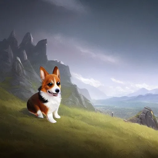 Prompt: adorable corgi puppy on a mountaintop, extremely detailed digital illustration, greg rutkowski, artgerm, moebius, trending on artstation