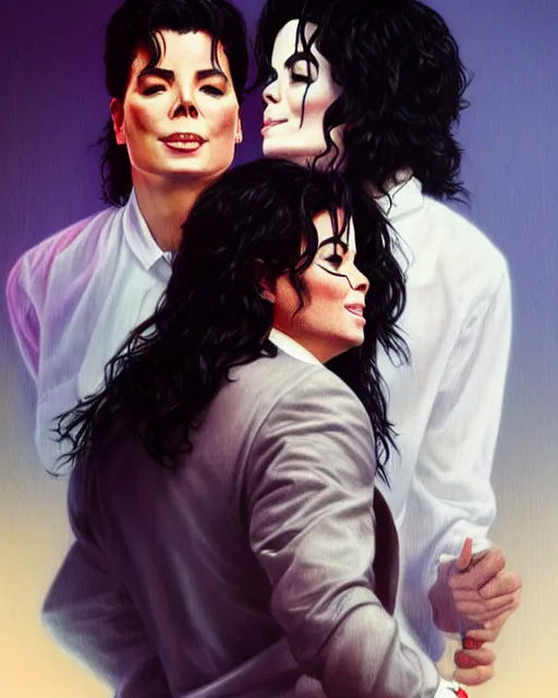 Prompt: Portrait Michael Jackson & Michael Mcintyre, drunk, in Ibiza, ,real life skin, intricate, elegant, highly detailed, artstation, concept art, smooth, sharp focus, art by artgerm and greg rutkowski and alphonse mucha