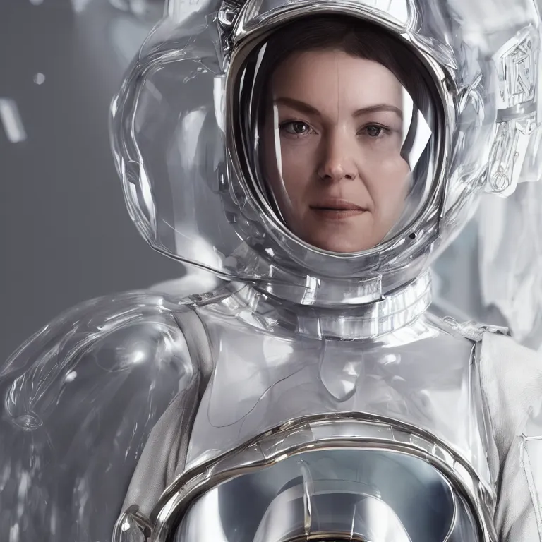 Image similar to octane render portrait by wayne barlow and carlo crivelli and glenn fabry, subject is a woman wearing a clear iridescent plastic and silver spacesuit with intricate colorful metal helmet, floating inside a futuristic black space station, cinema 4 d, ray traced lighting, very short depth of field, bokeh