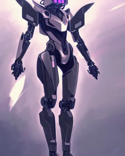 Prompt: uncropped stealthy feminine mecha ( with futuristic jet armor and wings ) with a heart visor helmet, symphogear, full body character portrait, hi - tech, trending on artstation, pastel armor, digital painting, concept art, sharp focus, illustration, art by wlop and greg rutkowski