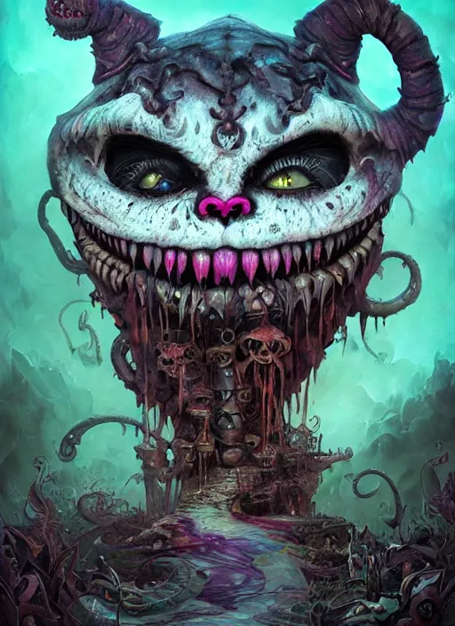 Image similar to cheshire cat, call of cthulhu, half skull half face, highly detailed, cinematic, 8 k, by megan duncanson, benjamin lacombe, adrian borda, stanley artgermm, tom bagshaw, craig mullins, carne griffiths, ayami kojima, beksinski, giger, trending on deviantart, hyper detailed, horror, full of colour