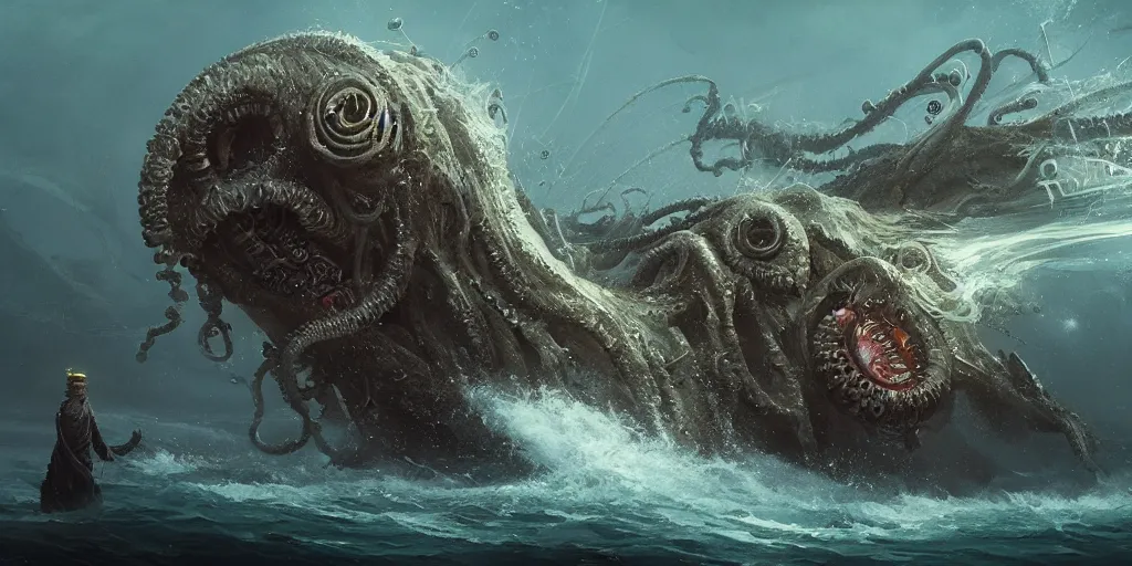 Prompt: lovecraftian sea creature designs, Greg Rutkowski, Darek Zabrocki, Karlkka, Jayison Devadas, Phuoc Quan, trending on Artstation, 8K, ultra wide angle, zenith view, pincushion lens effect