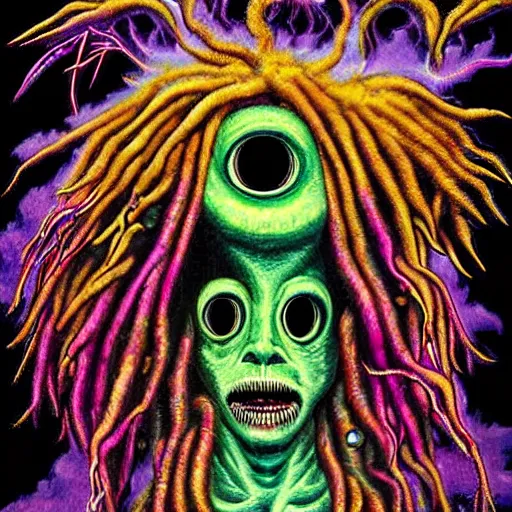 Image similar to a mad psy monster with dreadlocks wo sharp heads that look sternly at each other, it has several eyes and scales on the misshapen body, psychedelic cosmic horror,
