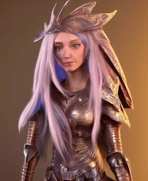 Image similar to a beautiful and highly detailed digital portrait of a dignified elf with long blue hair in rose gold armor by nina tryggvadottir, centered, artsation contest winner, cgsociety, fantasy art, cryengine, concept art, photorealism, daz 3 d, sketchfab, zbrush, vray