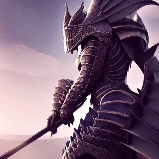 Image similar to highly detailed realistic stunning shot of a beautiful female anthropomorphic dragon knight, resting her sword over her armored shoulder, cloak flittering in the wind, high quality, HD octane render, epic cinematography, Artstation, Deviantart, Furaffinity