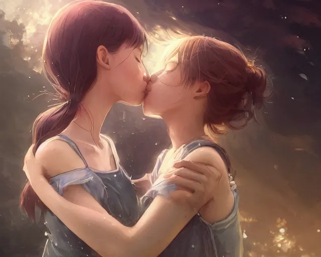 Image similar to two girls kissing and hugging, sharp details, sharp focus, elegant, highly detailed, illustration, by jordan grimmer and greg rutkowski and pine ( ハイネ ) and 薯 子 imoko and 香 川 悠 作 and wlop and maya takamura, intricate, beautiful, trending artstation, pixiv, digital art