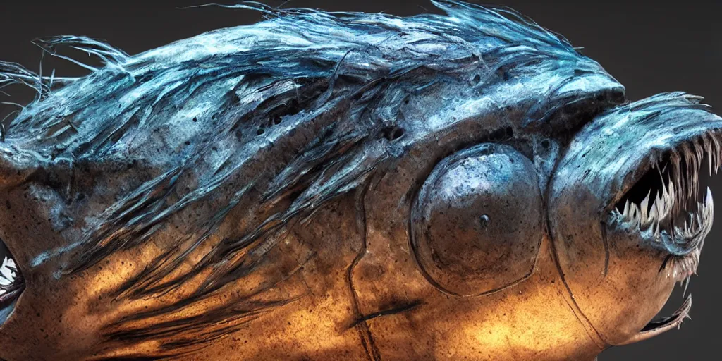 Image similar to angler fish, stylized layered textures, long flowing fins, bioluminescent orbs, 3 d render, substance painter, glowing eye, smooth, sharp focus, art by h r giger