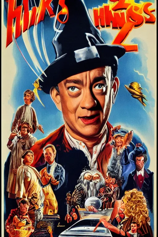 Image similar to vintage movie poster hanksgiving, tom hanks, turkey, a wizard, lightning, 1 9 8 2, drew struzan inspiration