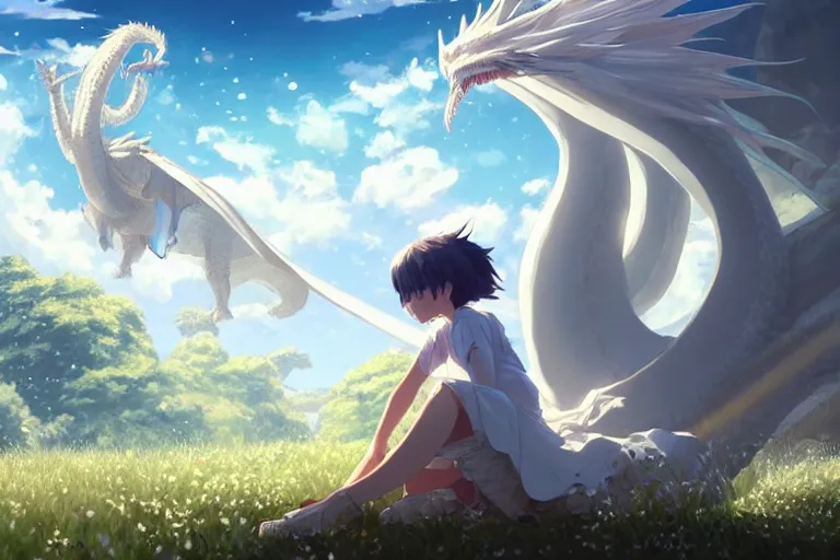 Image similar to a hyper detailed big render that a beautiful girl sitting surrounded by a huge silver white dragon alone in fairyland surrounded by white clouds, finely detailed angelic face, style of studio ghibli, makoto shinkai, xision, ilya kuvshinov and artgerm, kazuki tanahashi, james jean, animation style, golden curve composition, ultra wide angle