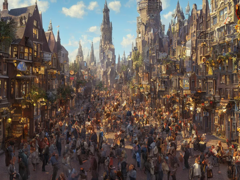 Image similar to streetview of a lively magical town during a festival, inspired by victorian england and amsterdam, sunny weather, highly detailed, intricate, digital painting, trending on artstation, concept art, matte painting, art by greg rutkwowski, craig mullins, octane render, 8 k, unreal engine