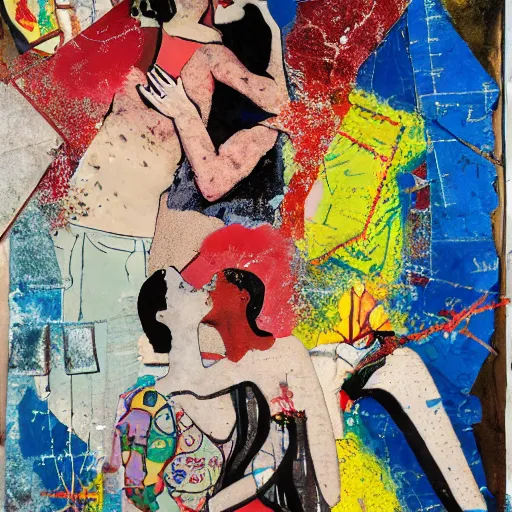 Image similar to two women kissing at a carnival in a video game, mixed media collage, retro, paper collage, magazine collage, acrylic paint splatters, bauhaus, claymation, layered paper art, sapphic visual poetry expressing the utmost of desires by jackson pollock