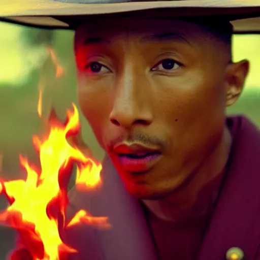 Image similar to cinematic film still Pharrell Williams starring as a Samurai holding fire, Japanese CGI, VFX, 2003, 40mm lens, shallow depth of field,film photography