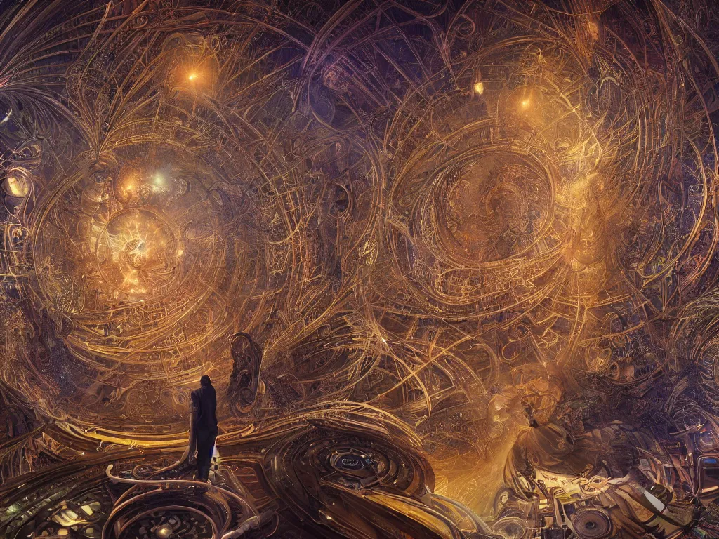 Image similar to an incredible masterpiece of a mystical dj playing a vast array of highly evolved and complex musical technology surrounded by an incredible and complex spiral fractal structure in a intricate cathedral, by karol bak, octane render, 8 k