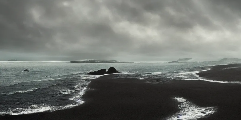 Prompt: icelandic coast. black sand. dramatic sky. cinematic. intricate. mist. low angle wide shot. highly detailed. matte painting in the style of craig mullins.