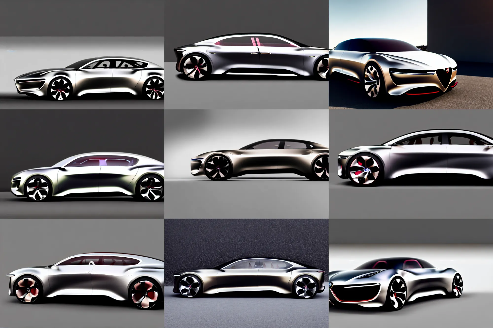 Prompt: side view of a future alfa romeo sedan car concept : : designed by modern architecture : : high - tech modern lustrous clean simple sporty airy fashion : : oak, glass, brushed aluminum, simple oled strip accent lighting : : lucid air, peugot onyx, renault ultimo, cyberpunk, pang p, guigaro : : artstation, octane render, car design